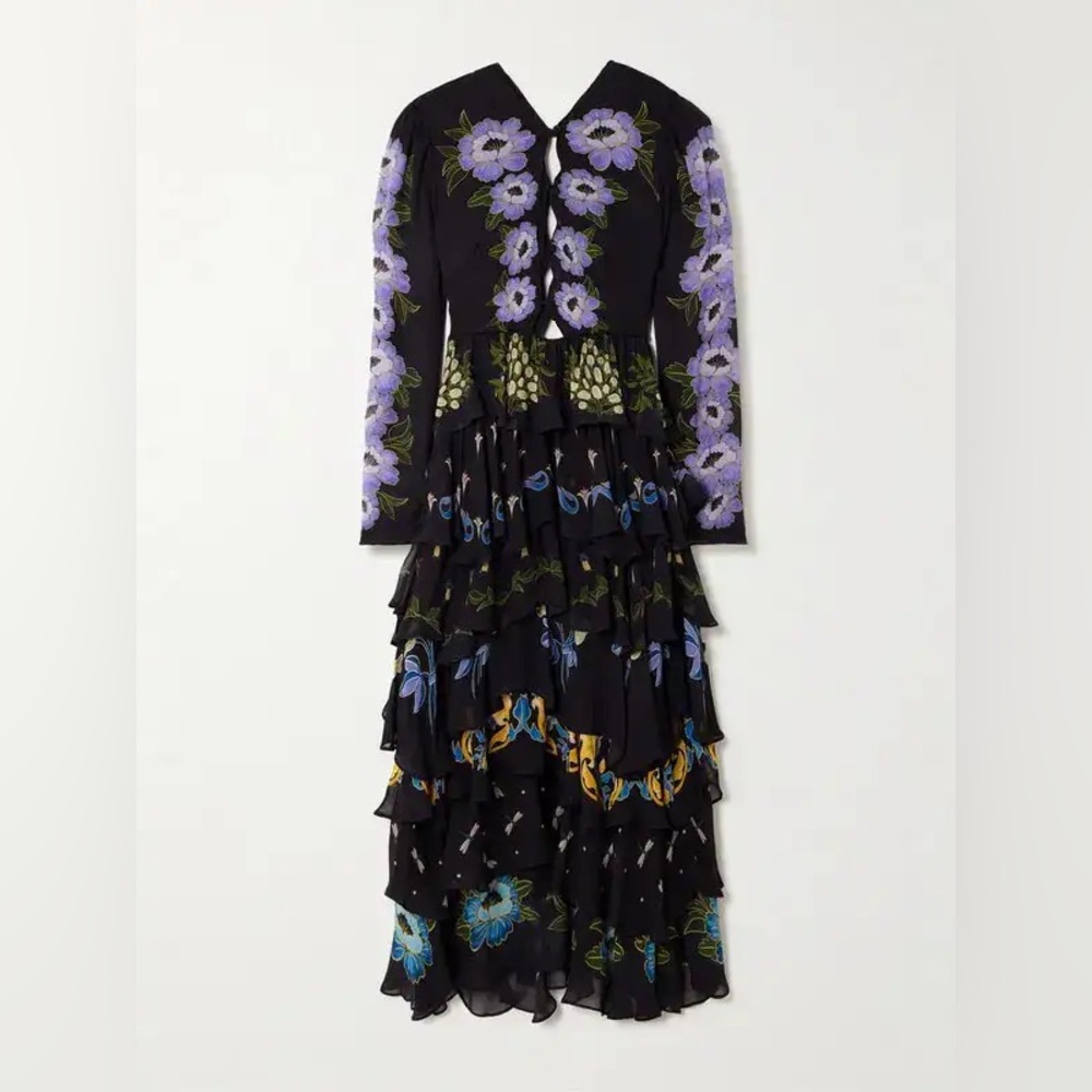 Farm Rio Ruffled Tiered 
Printed Georgette Maxi Dress